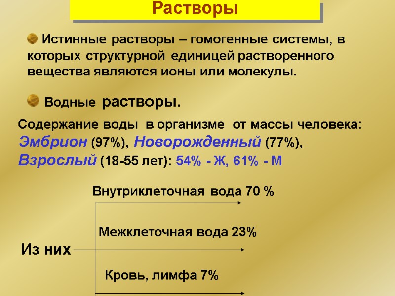 Растворы  Истинные растворы – гомогенные системы, в которых структурной единицей растворенного вещества являются